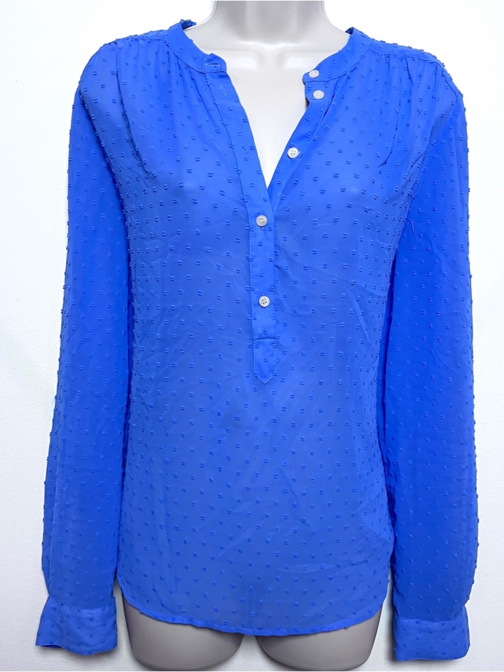 J.Crew Blue Button V Neck Polka Dot Long Sleeve Blouse Casual Office Workwear M